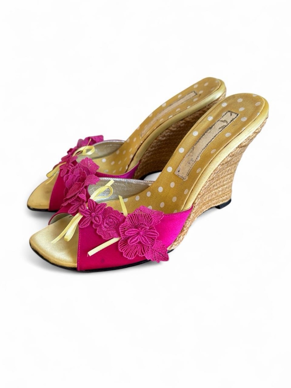 Christian Lacroix Hot Pink Floral Appliqué Gold Footbed Wedge Sandals